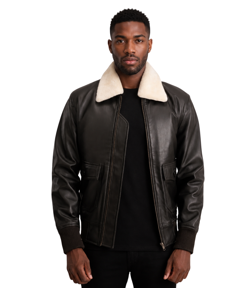 Airin G-1 Brown & Cream Leather Bomber Jacket Airin G-1 Brown & Cream Leather Bomber Jacket - Image 1