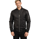 Distressed Black Leather Bomber Jacket