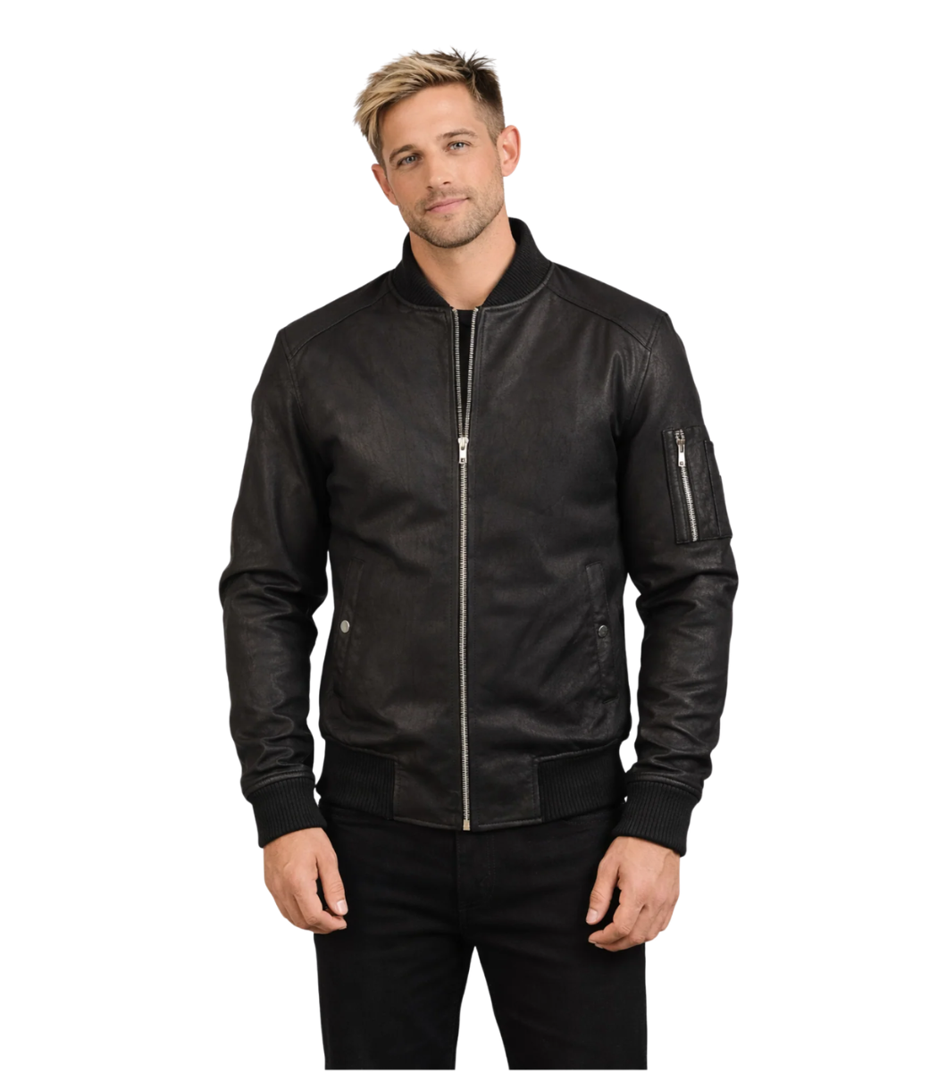 Distressed Black Leather Bomber Jacket Men's Black Snap-Collar MA-1 Leather Bomber Jacket – Rune - Image 1