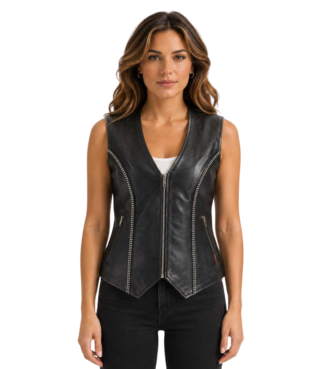 Fiona Black Hooded Shearling Leather Jacket Rhinestone Black Leather Vest - Image 1