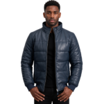 Lucas Blue Leather Puffer Bomber Jacket