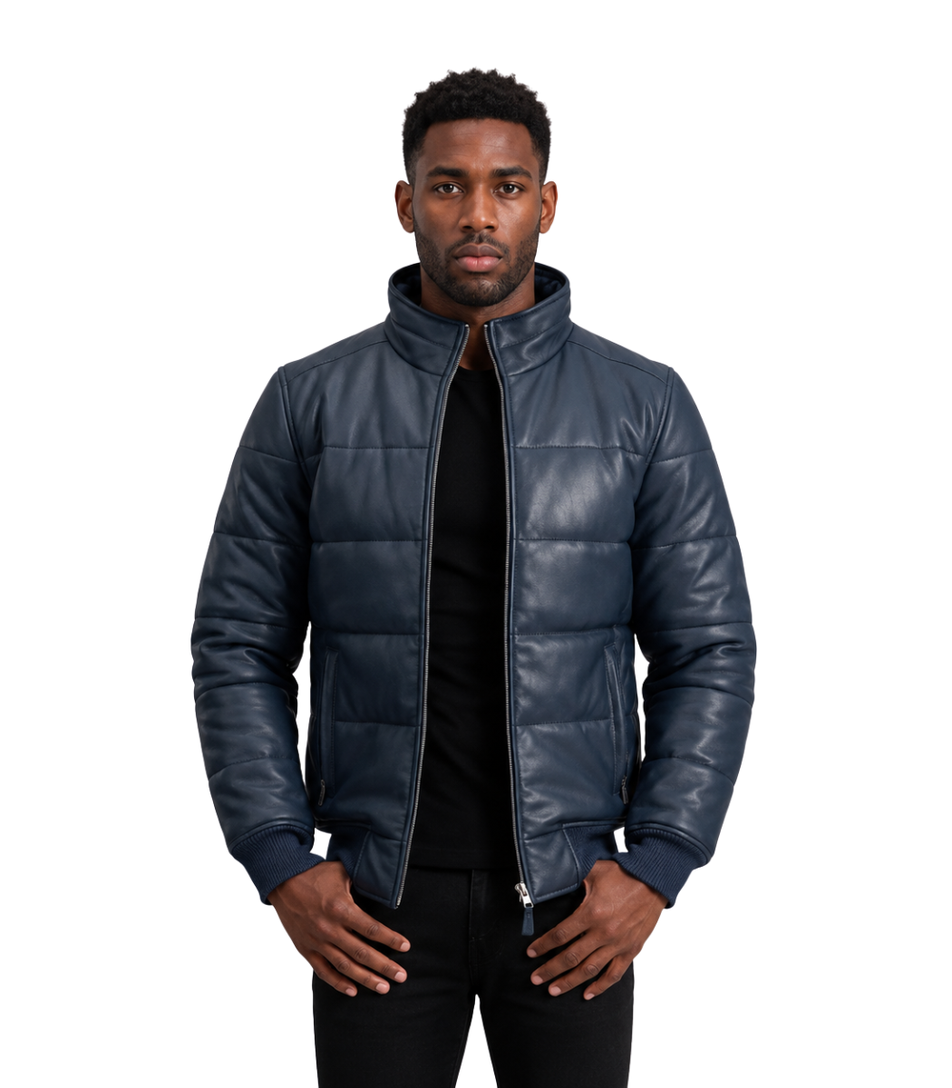 Lucas Blue Leather Puffer Bomber Jacket Lucas Blue Leather Puffer Bomber Jacket - Image 1