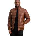 Lucas Brown Leather Puffer Bomber Jacket