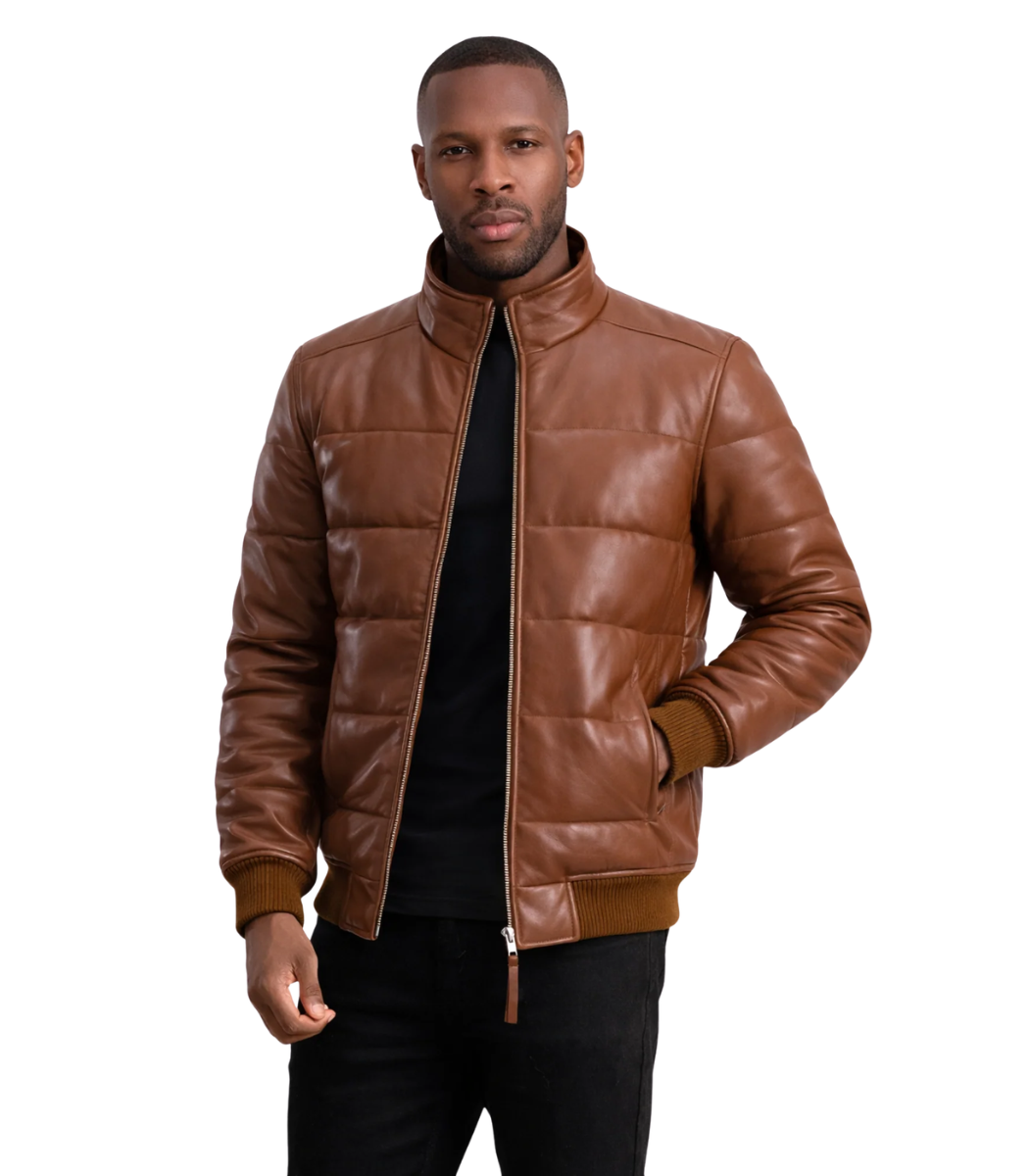 Lucas Brown Leather Puffer Bomber Jacket Lucas Brown Leather Puffer Bomber Jacket - Image 1