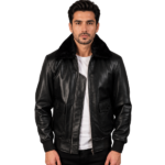 Zipper Black Leather Bomber Jacket