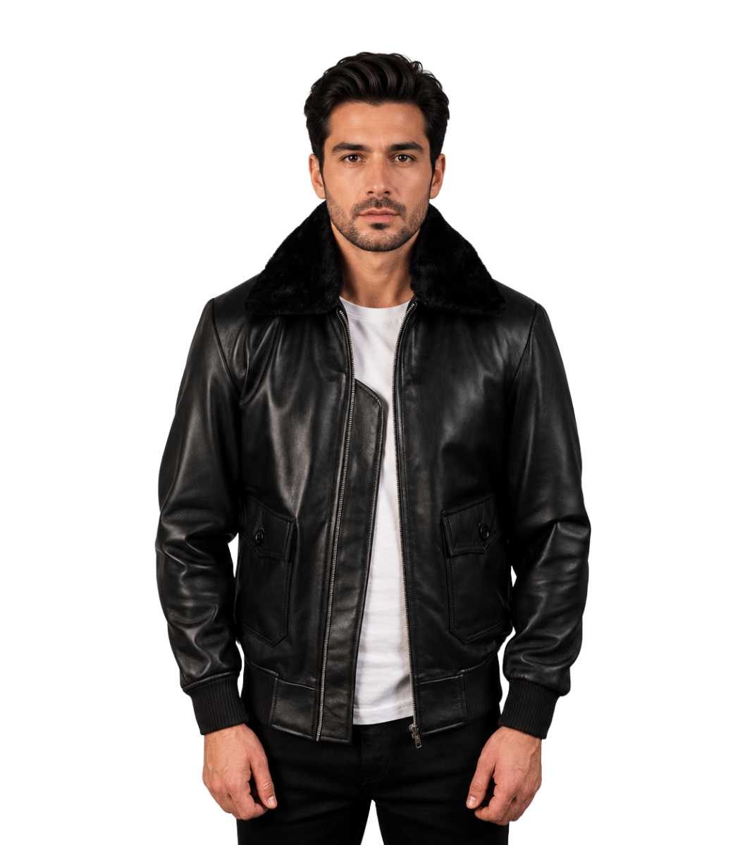 Zipper Black Leather Bomber Jacket Men's Black G-1 Leather Bomber Jacket - Arvid - Image 1