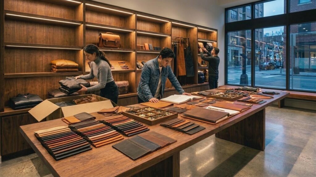 Leather Suppliers arranging things in showroom