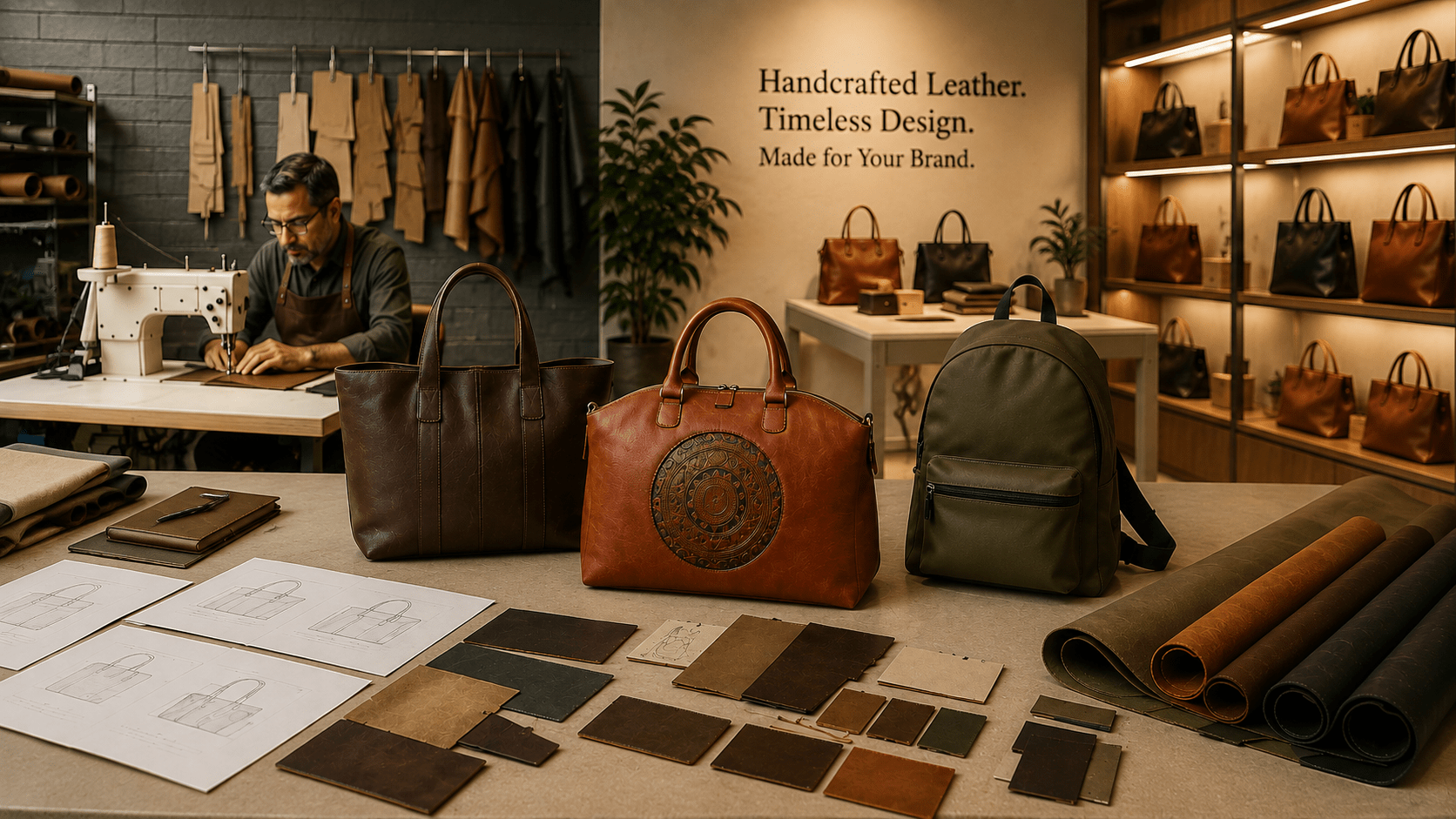 a display of Private Label Leather Bags showroom