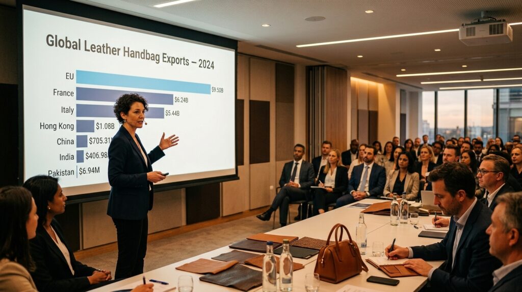 A woman giving a presentation on the global leather bags trade report