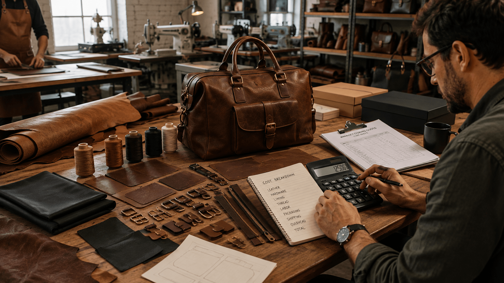 a person calculating leather manufacturing cost