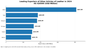 Leading exporters of other articles of leather in 2024 under HS 420500, led by China, Italy, Hungary, Portugal, France and Mexico. bar chart