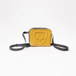 Yellow leather crossbody bag with embossed shield logo and black strap
