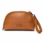 Brown pebbled leather clutch bag with wrist strap