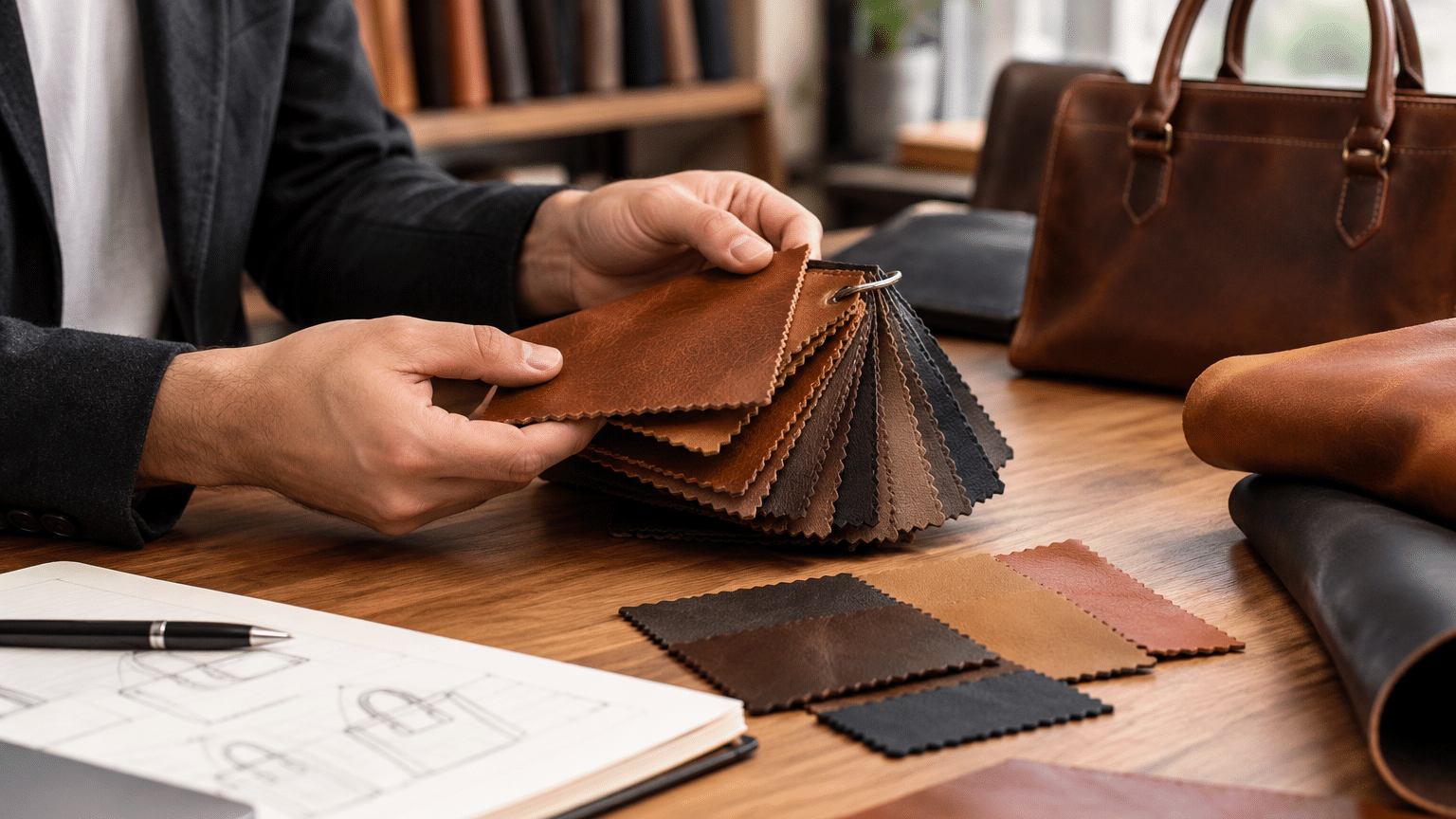 Person holding leather swatches, with leather bags and sketches on a wooden table