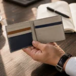 Leather bi-fold wallet with navy, tan, and blue accents, held in hand