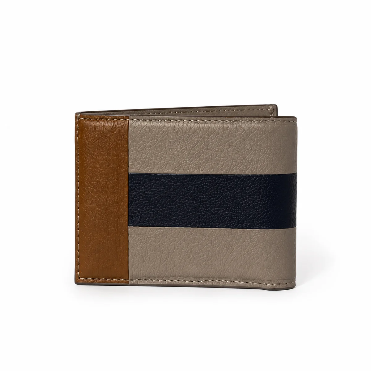 05_479243aa-f87d-4a41-b927-7665cd3a9f52 Bi-fold wallet with horizontal navy stripe and brown, tan, and grey color blocking