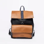 Two-tone leather backpack with buckle closure and front pockets