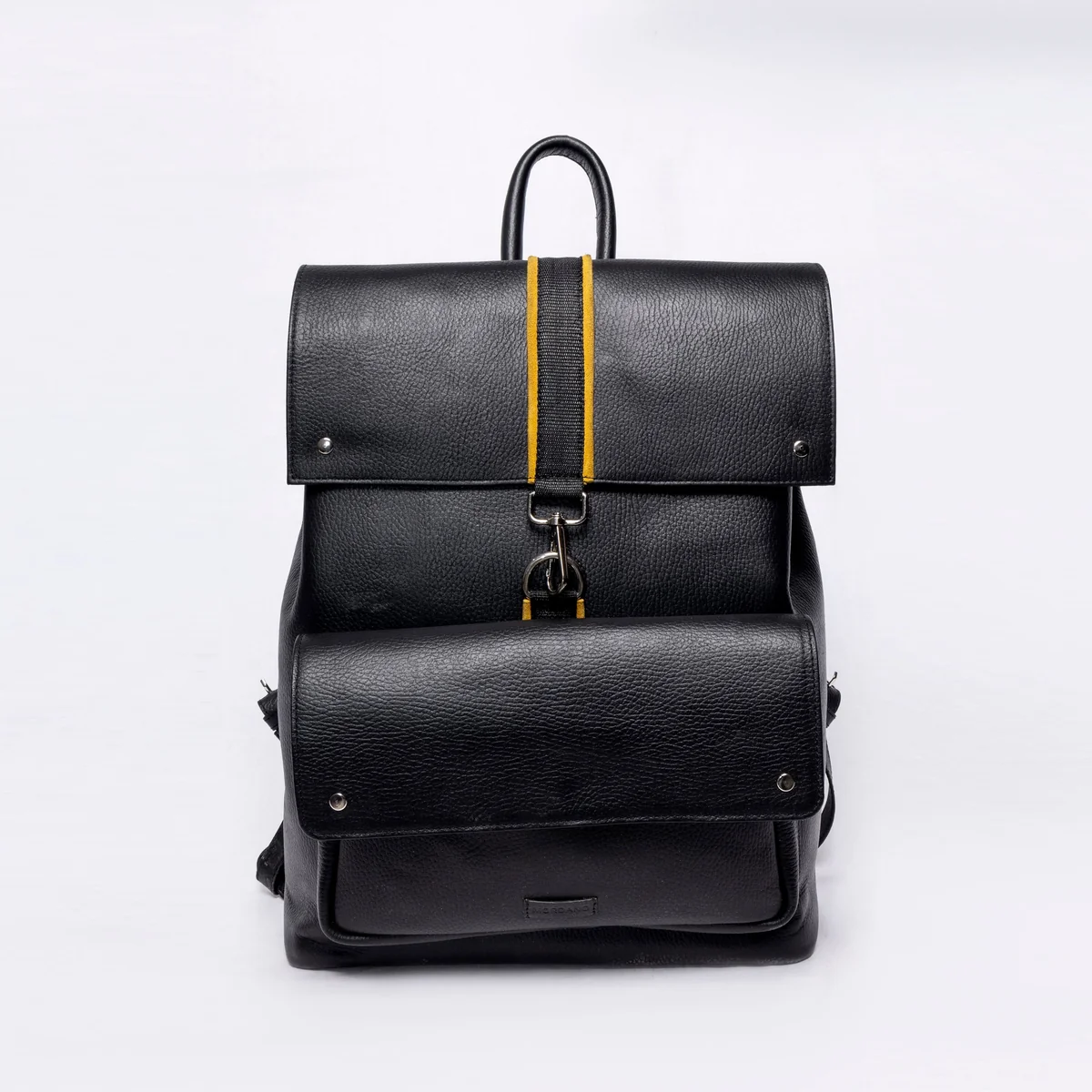 108 Black leather backpack with yellow accent strap and silver hardware