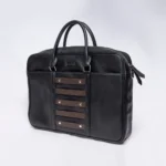 Black leather briefcase with brown strap details