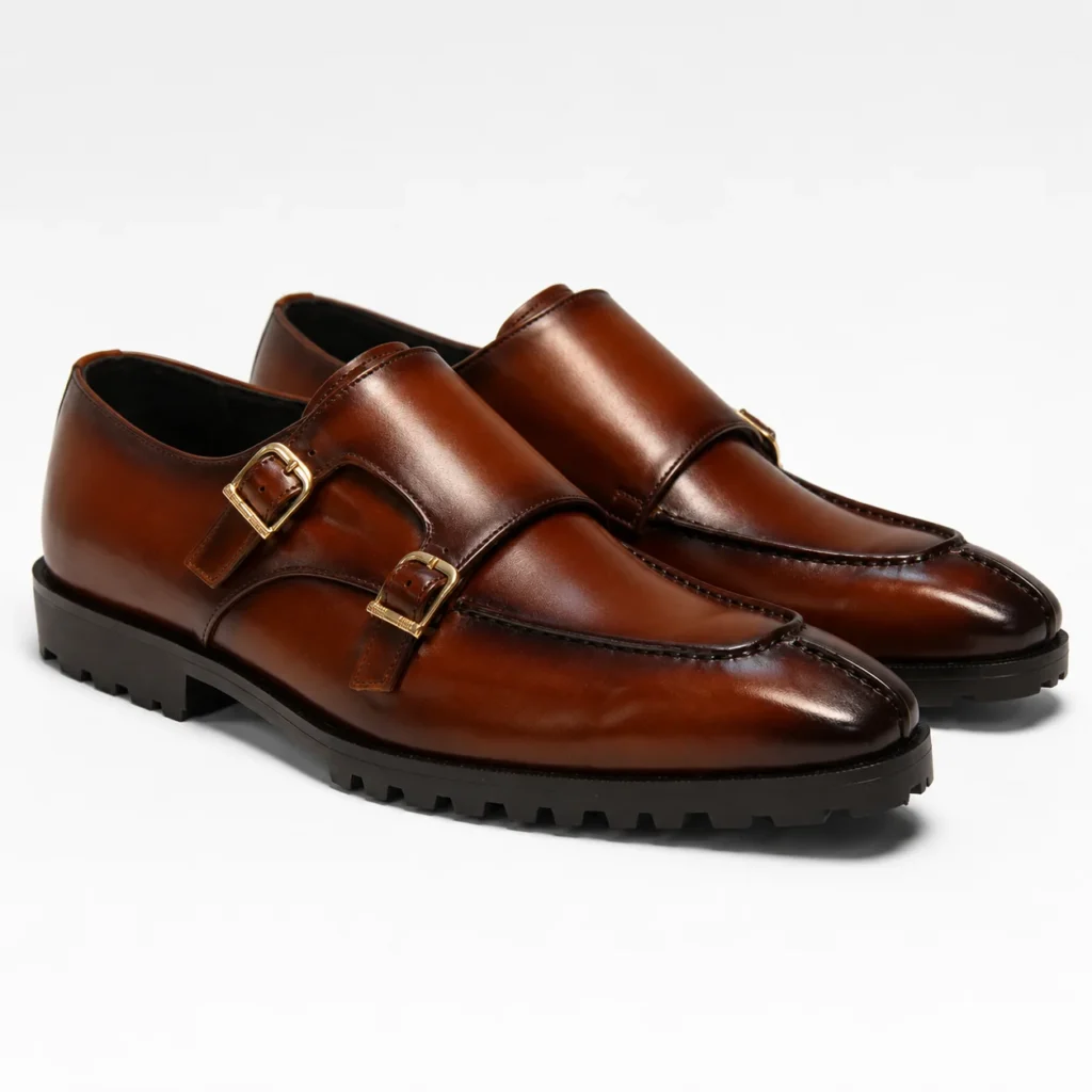Brown leather double monk strap shoes with gold buckles and lug sole