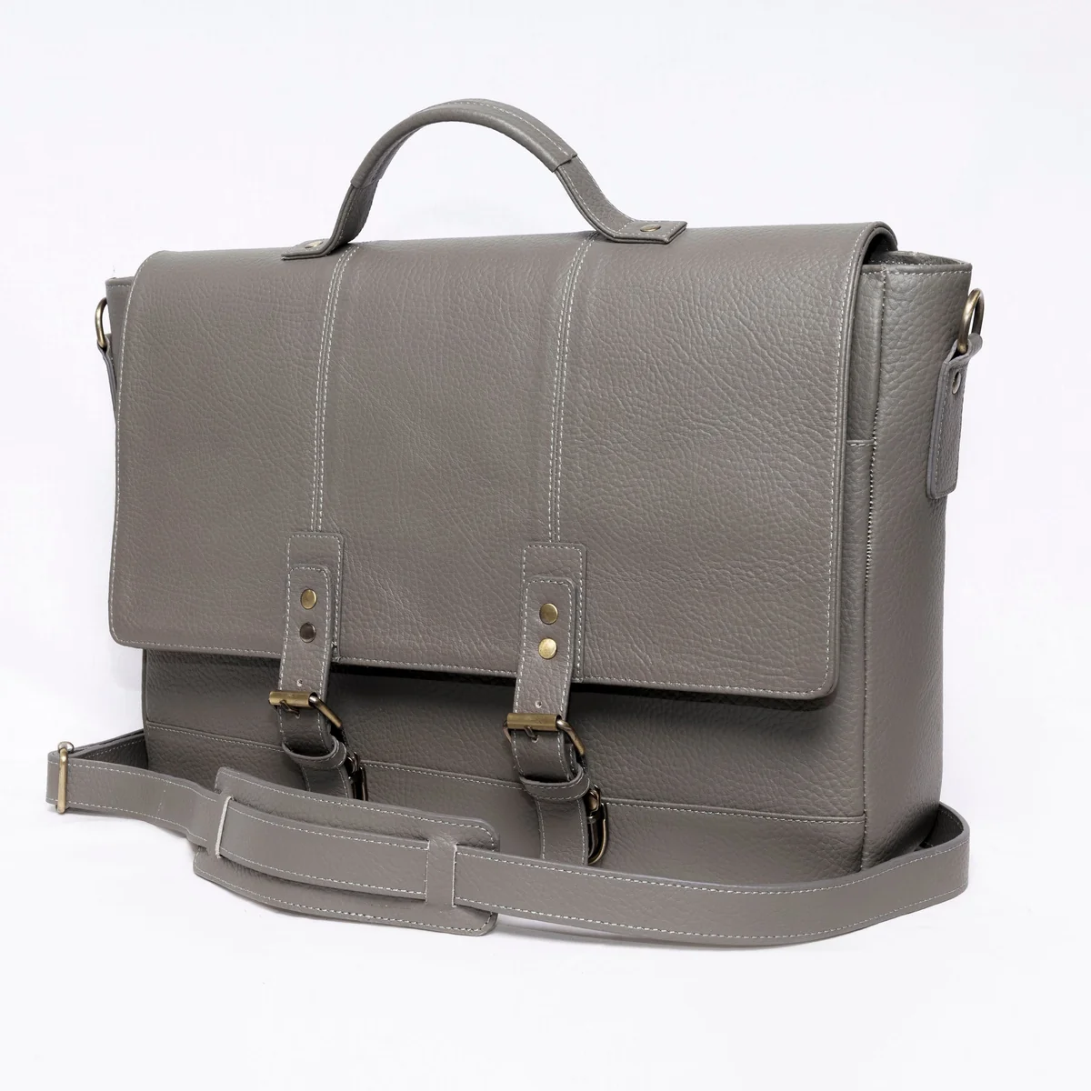 28 Gray leather satchel with white stitching and brass buckles
