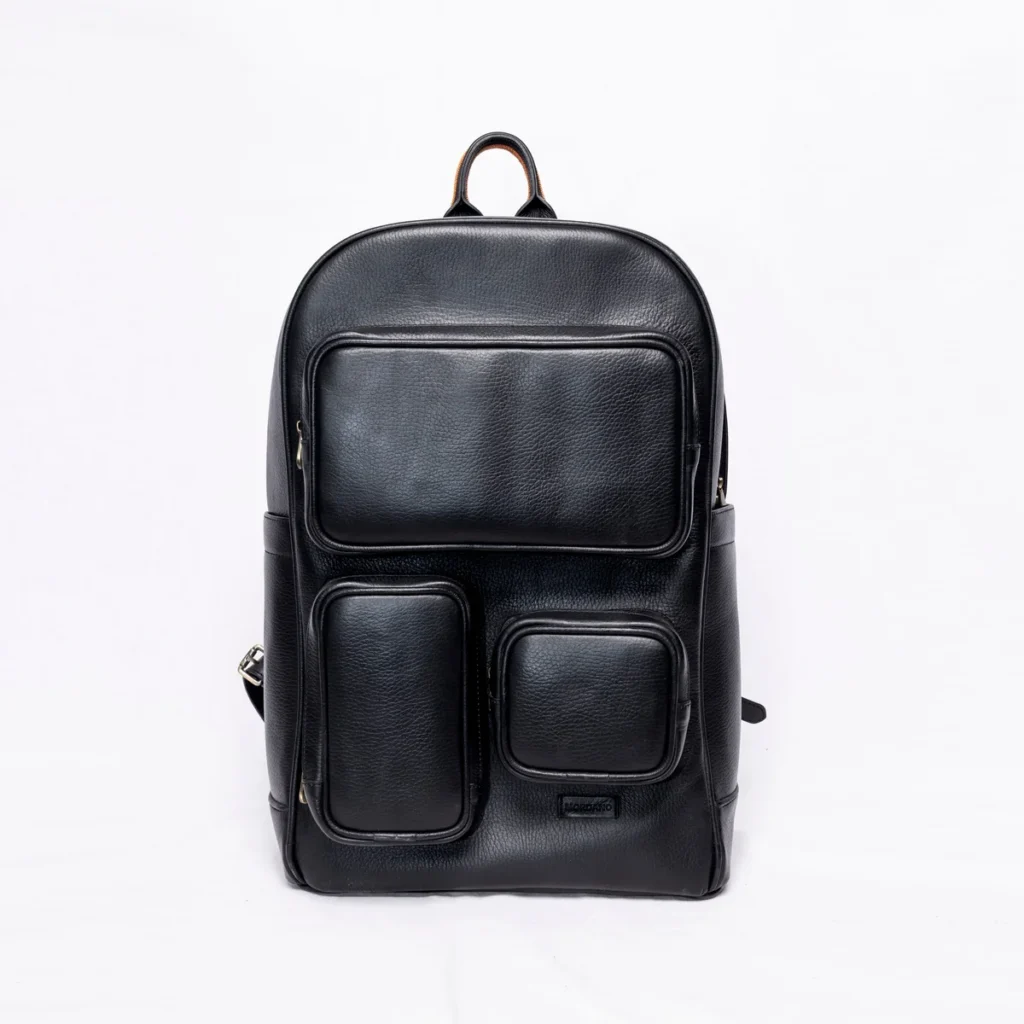 Black leather backpack with multiple front pockets