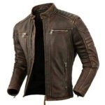 Brown distressed leather jacket with zippered pockets and quilted shoulders