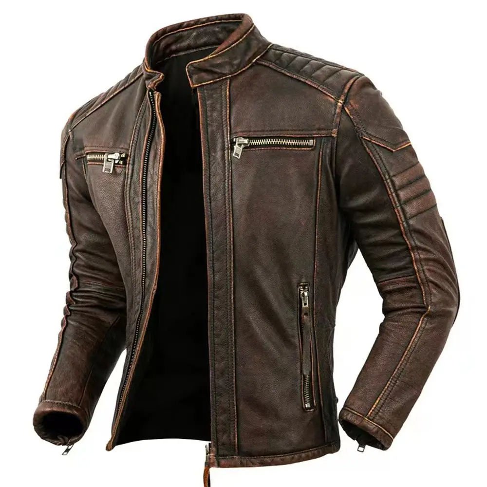 Brown distressed leather jacket with zippered pockets and quilted shoulders