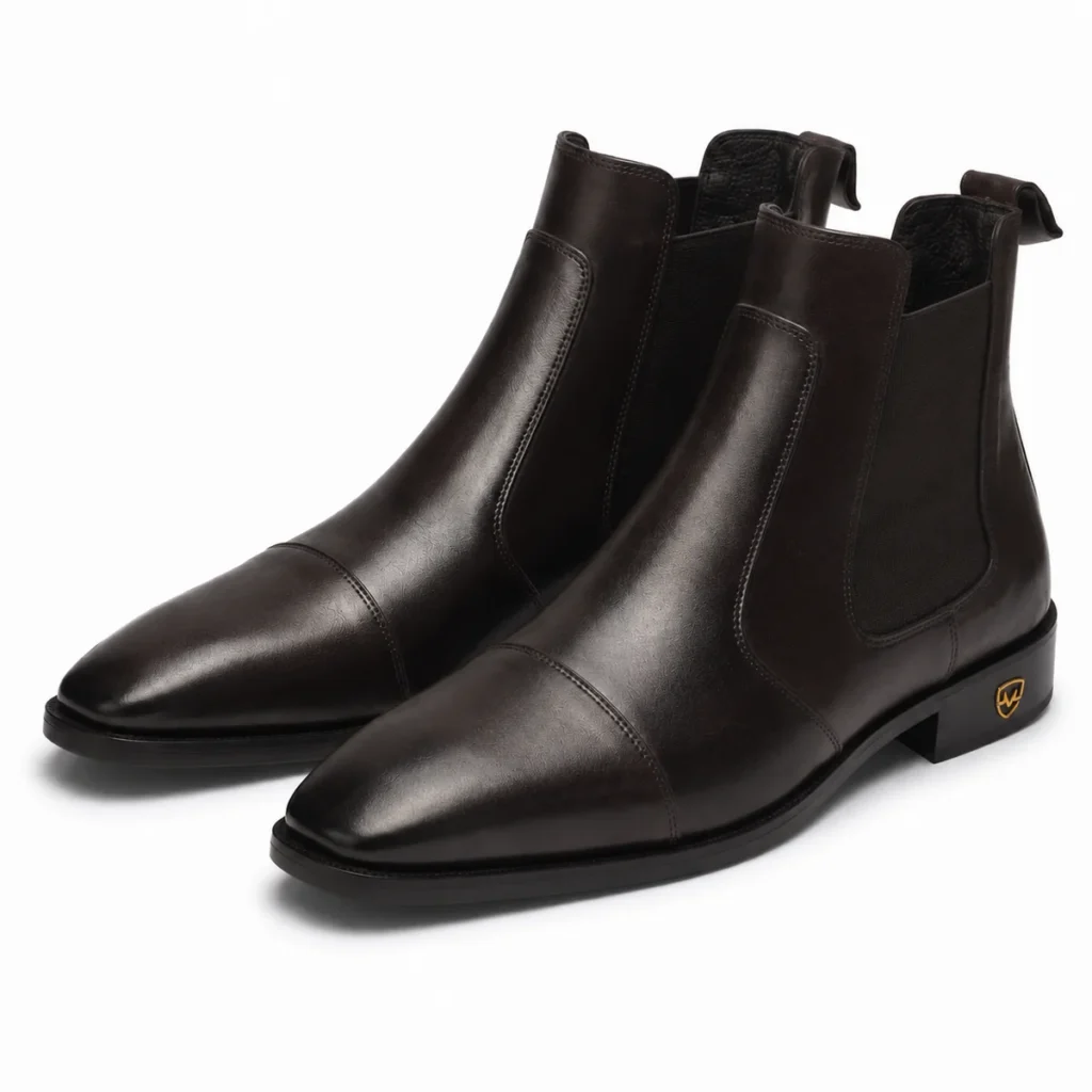 Dark brown leather Chelsea boots with cap toes and elastic side panels