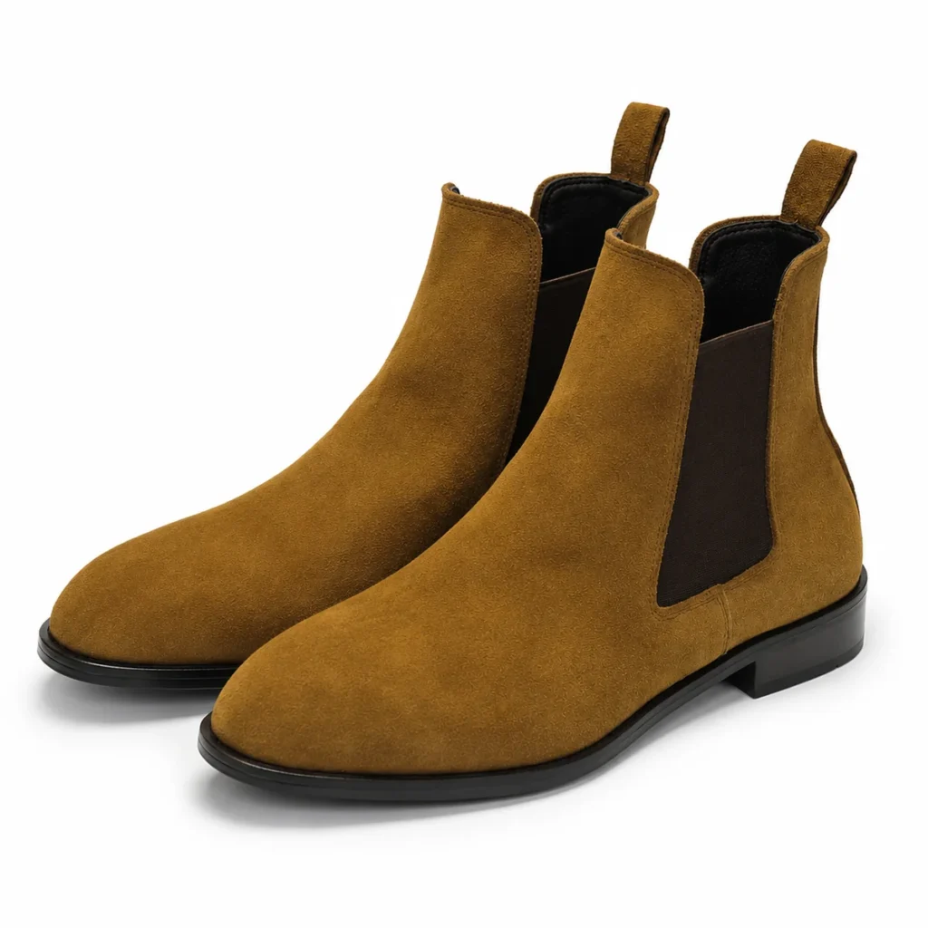 Brown suede Chelsea boots with elastic side panels and pull tabs