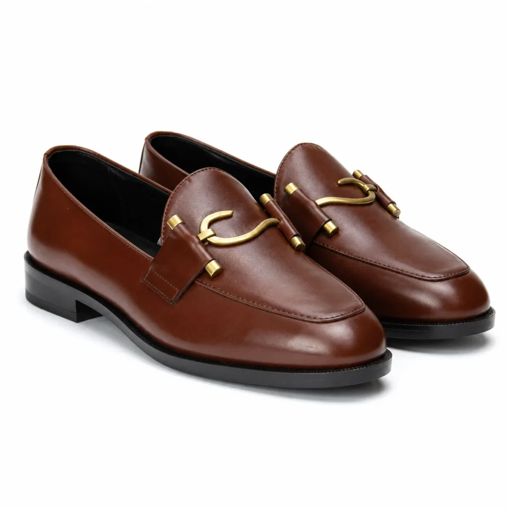 Brown leather loafers with gold horsebit detail