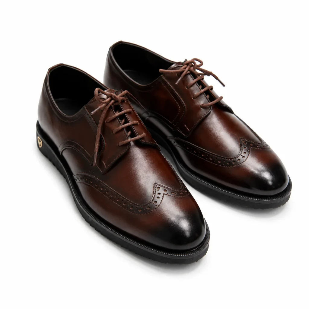 Brown leather wingtip dress shoes with laces on white background