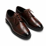 Brown leather wingtip dress shoes with laces on white background