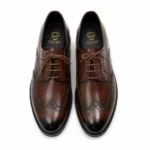 Brown leather brogue dress shoes with laces and decorative perforations