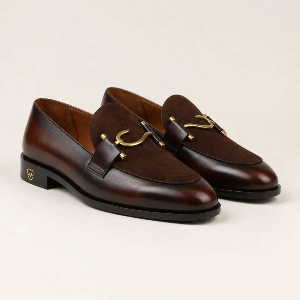 Brown leather loafers with suede accents and gold hardware