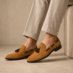 Tan suede loafers with tassels, worn with light-colored trousers