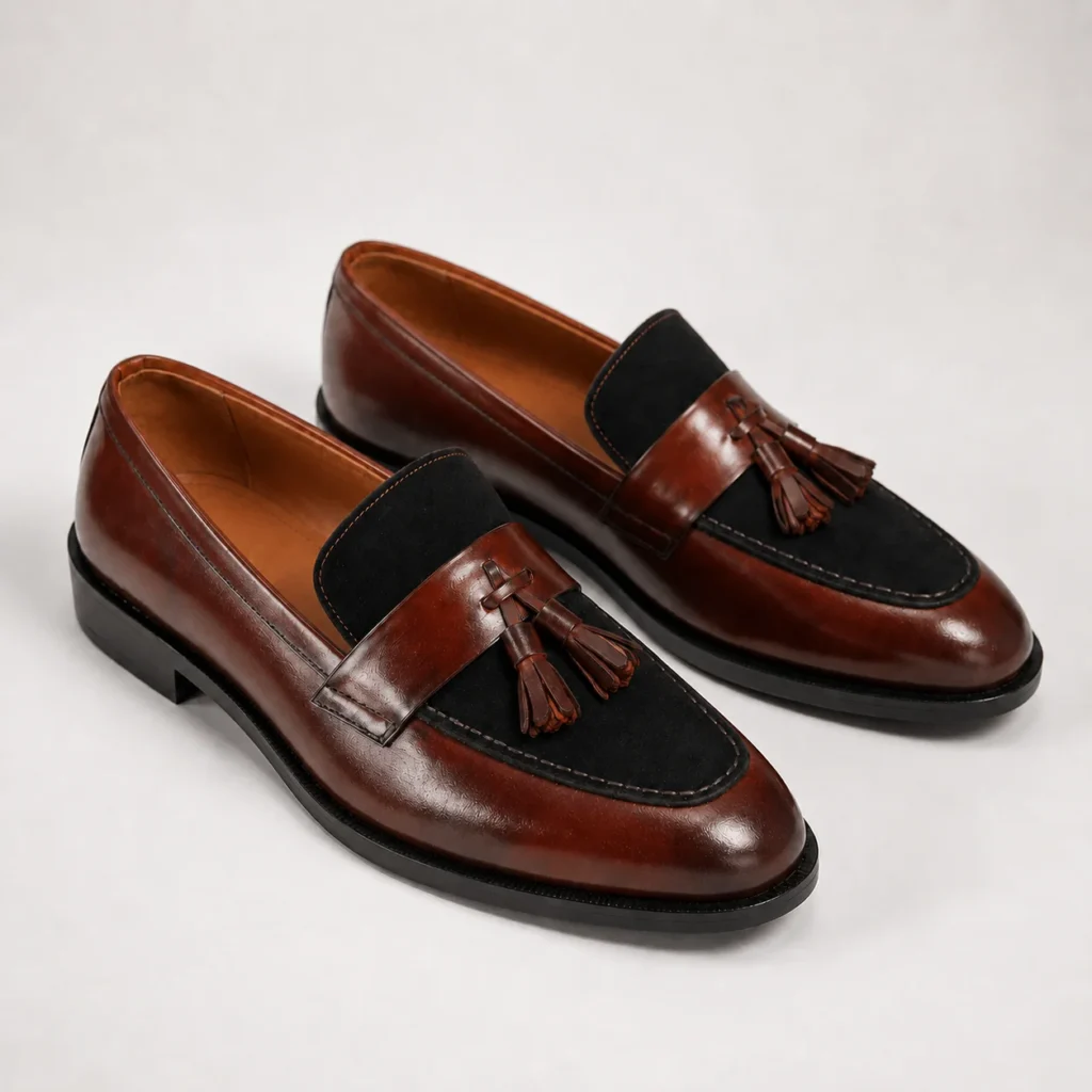 Brown leather tassel loafers with black suede accents