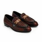 Woven brown leather loafers with gold chain detail