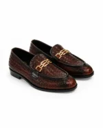 Woven brown leather loafers with gold chain detail