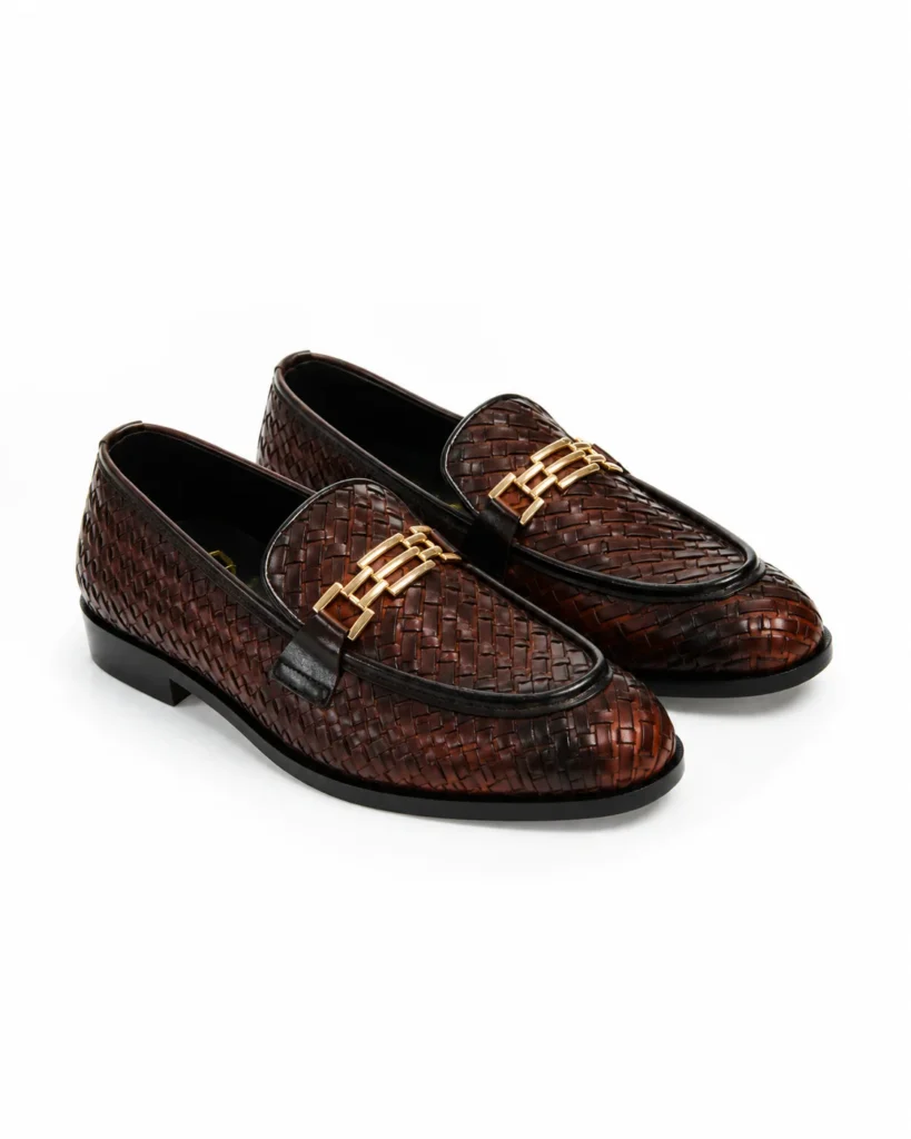 Woven brown leather loafers with gold chain detail