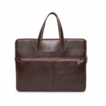 Brown leather briefcase with two zippered compartments and twin handles