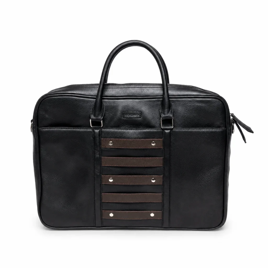 Black leather briefcase with brown strap accents