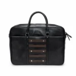 Black leather briefcase with brown strap accents