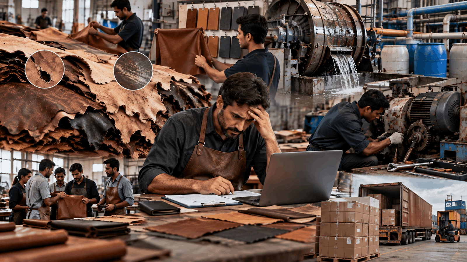 Leather factory workers examine hides and a stressed manager works at a laptop