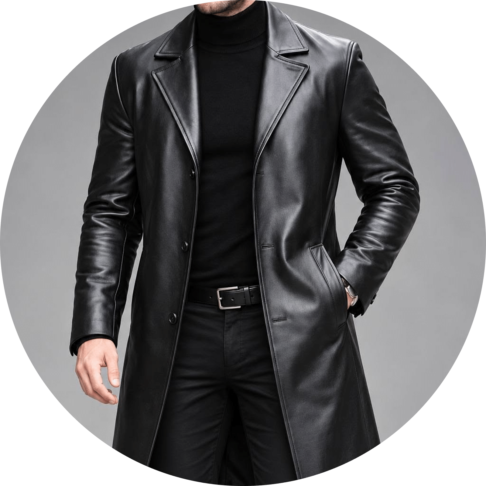 Man wearing a black leather trench coat over a black turtleneck and pants