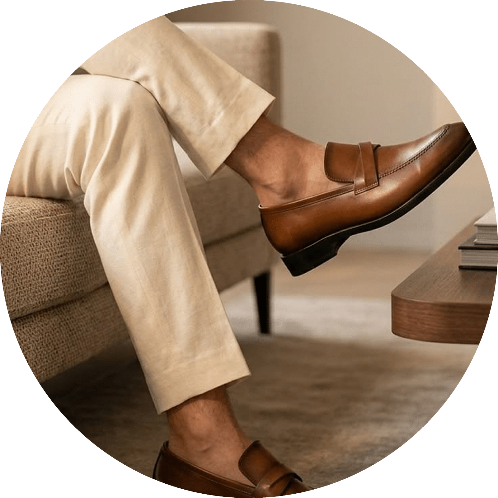 Brown leather loafer shoes with tan trousers