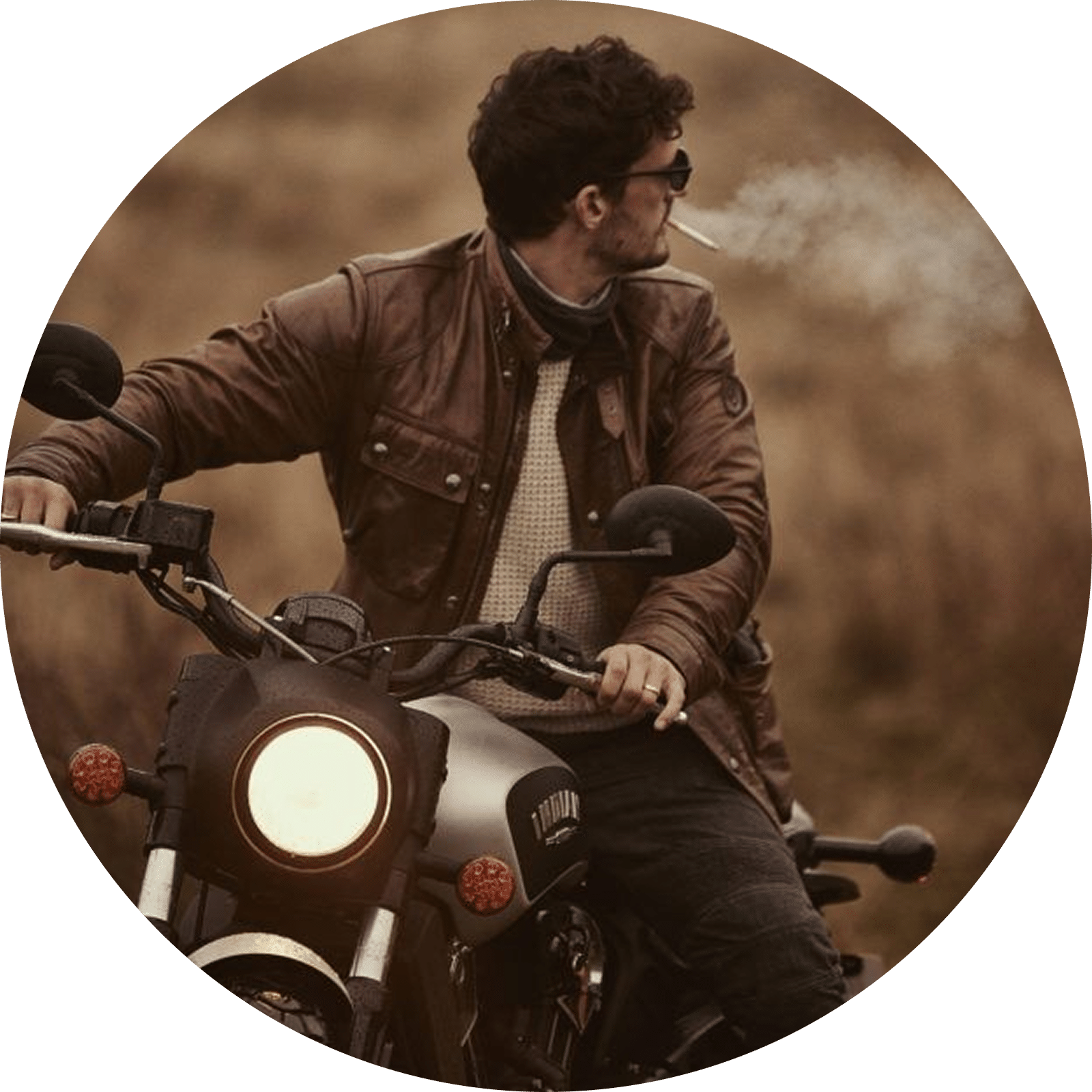 Man in leather jacket riding a motorcycle and smoking