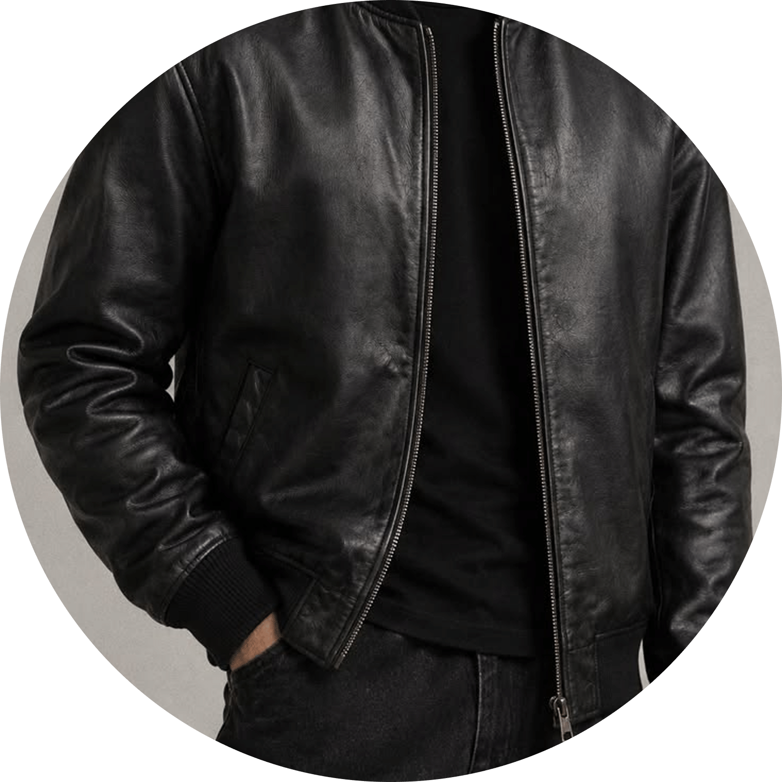 Black leather bomber jacket with silver zipper