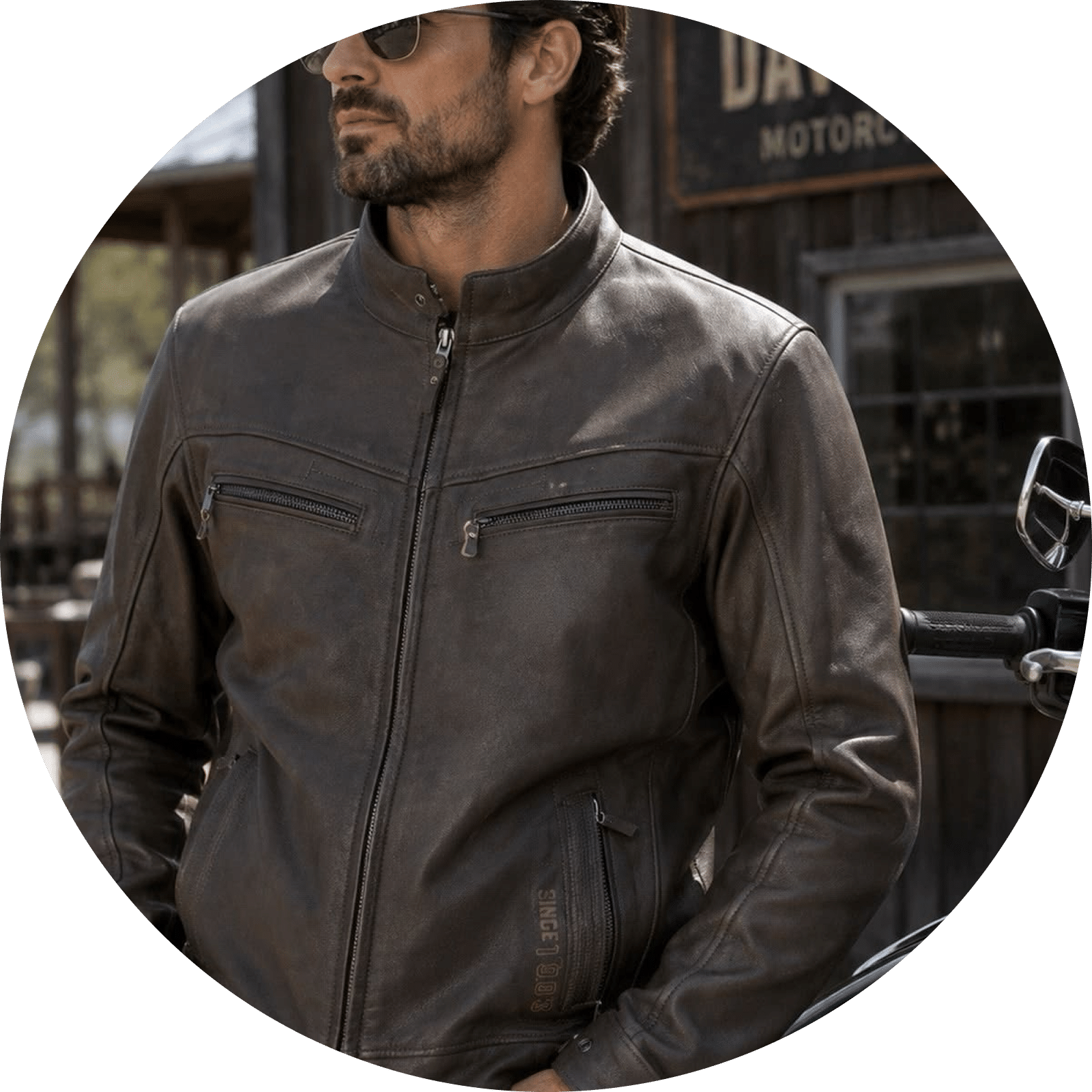 Man in a dark brown leather jacket with zipper details and a motorcycle