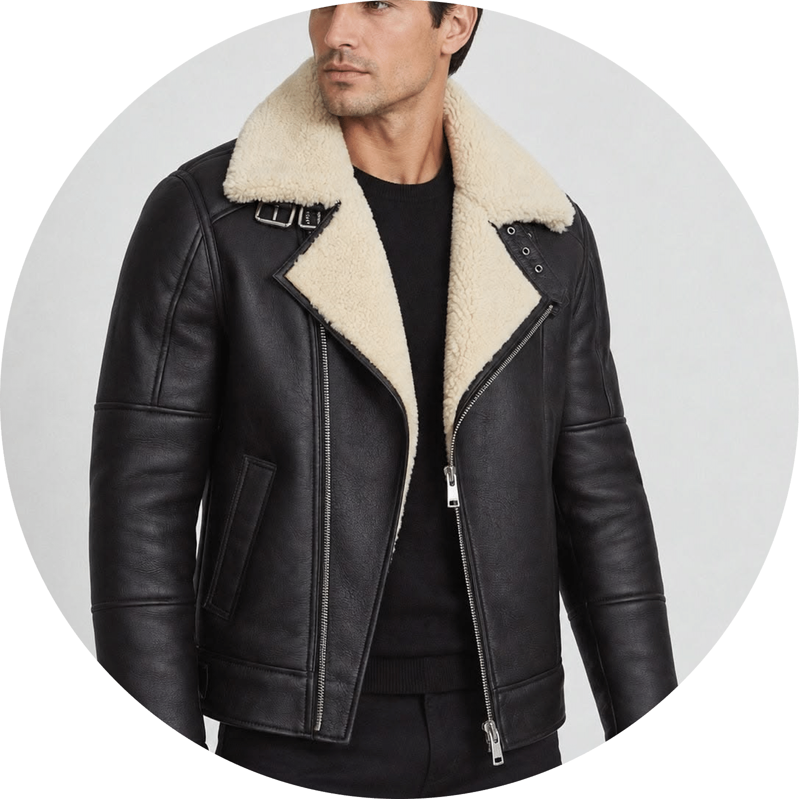 Black leather aviator jacket with sherpa collar